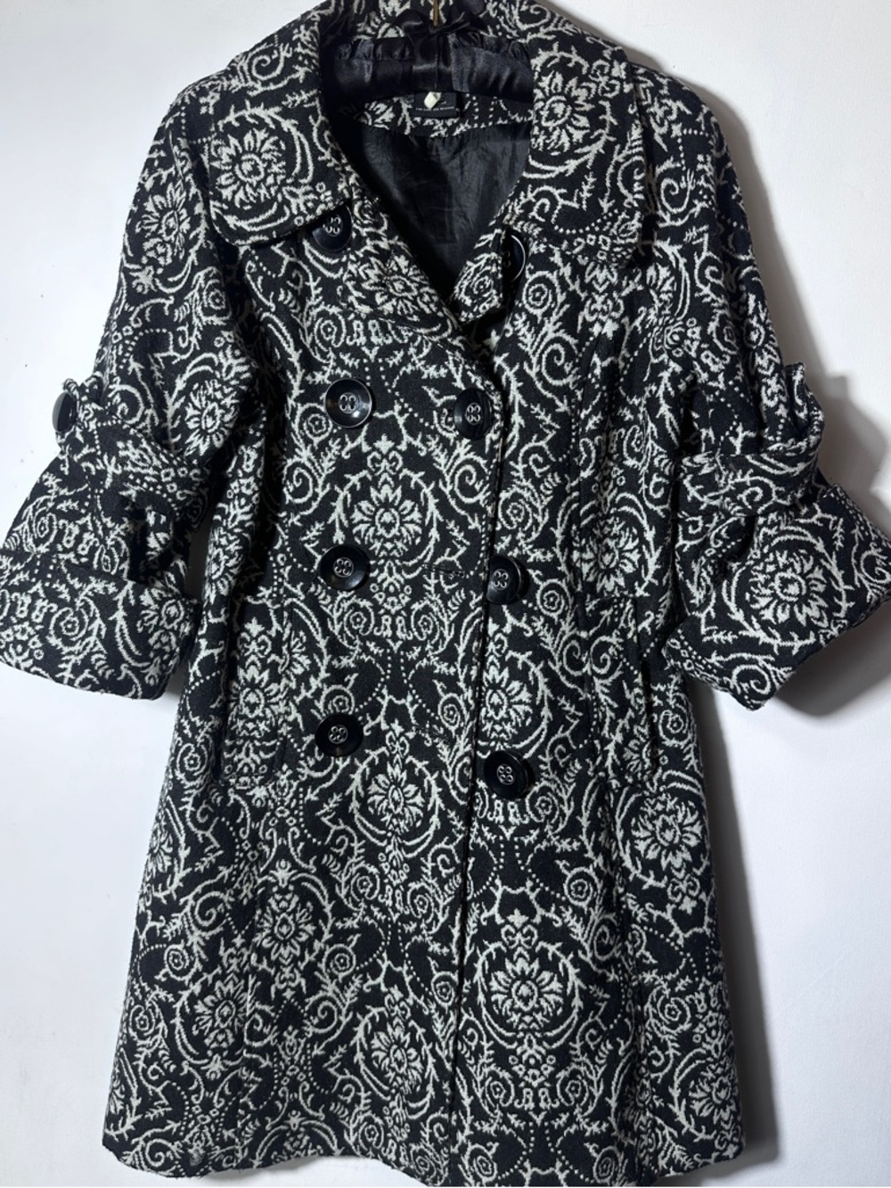Black & White Patterned Double-Breasted Pea Coat - Elegant Contrast
